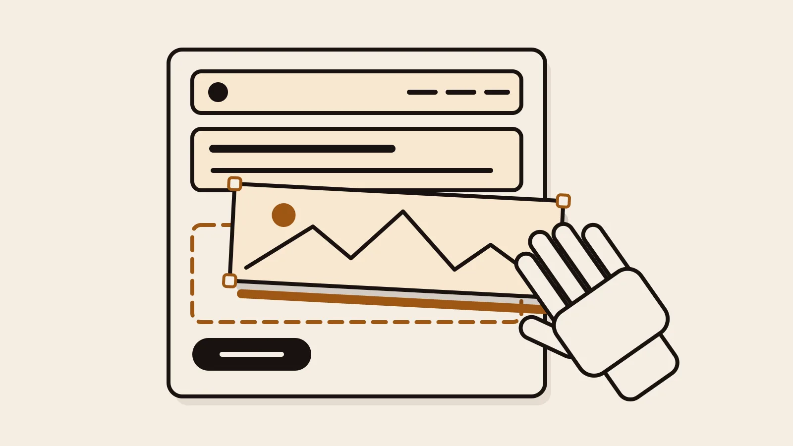 Blocs d’une page web — bandeau, paragraphe, image et bouton — assemblés à la main sur un fond crème ; l’un d’eux, légèrement décalé comme saisi en cours de déplacement, est souligné d’un trait ocre.