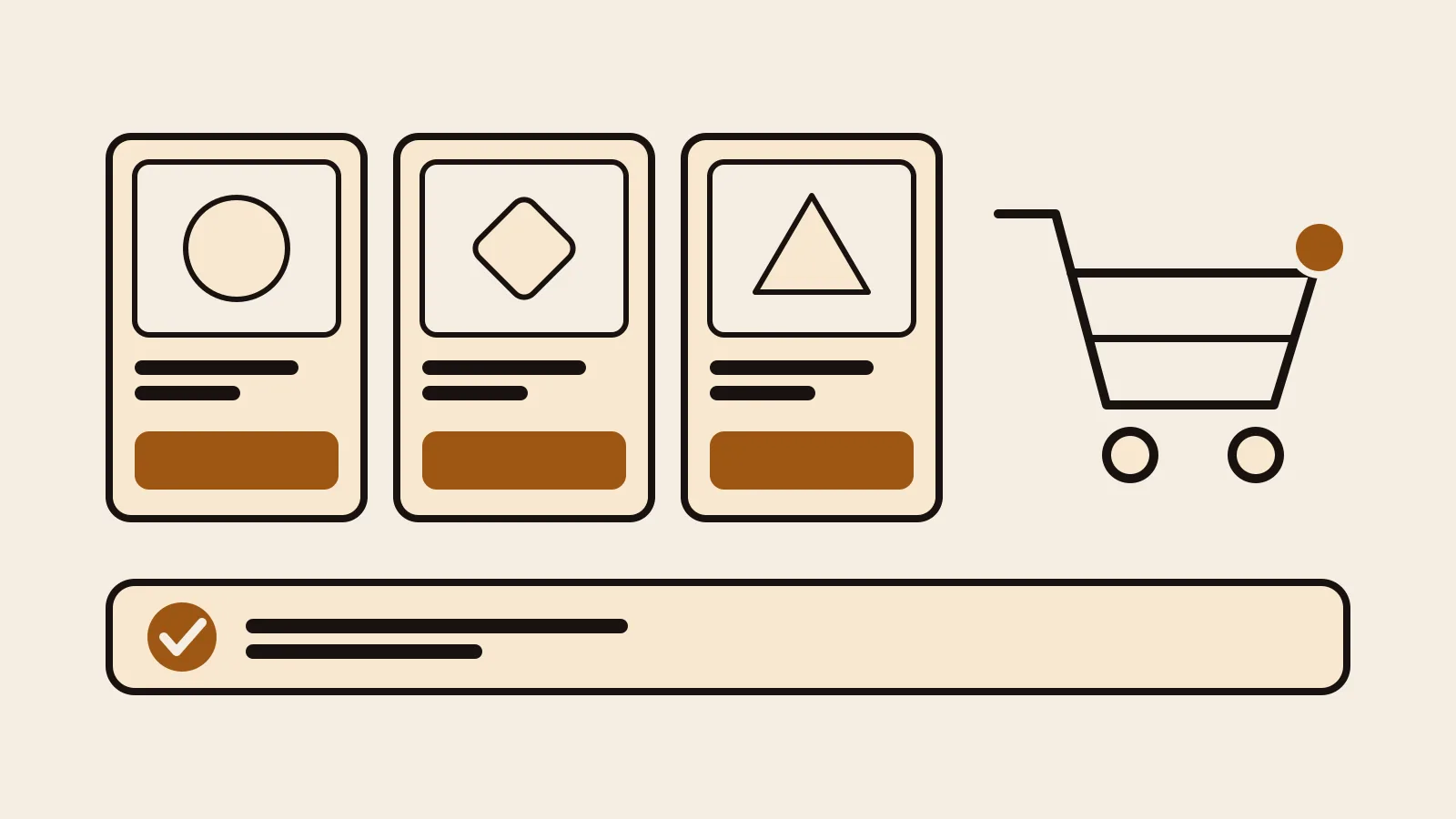 Trois cartes-produit alignées, chacune avec un rectangle pour le visuel, deux barres de texte et un bouton ocre ; à côté, un panier dessiné au trait et une bande de confirmation marquée d’une coche.